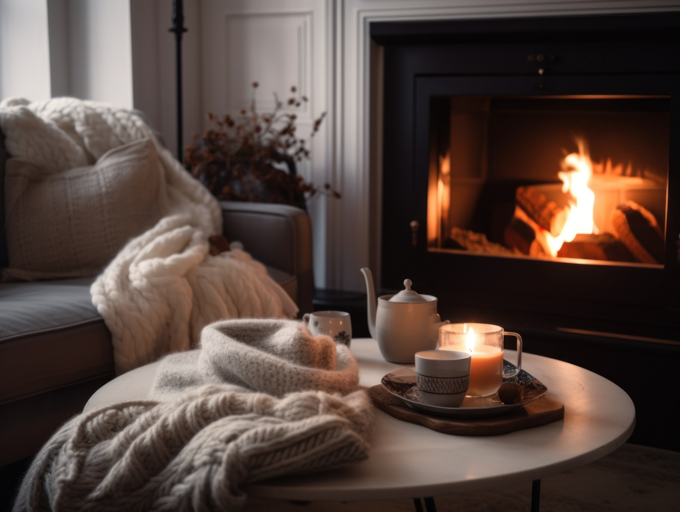 A cozy Living room with a fireplace during winters